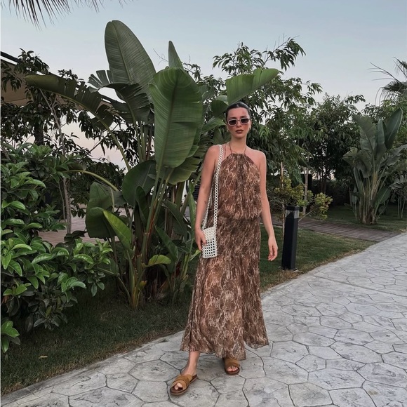 knee length dresses for ladies Brown Croc Print Mesh Maxi Dress with Cut-Out main image 0